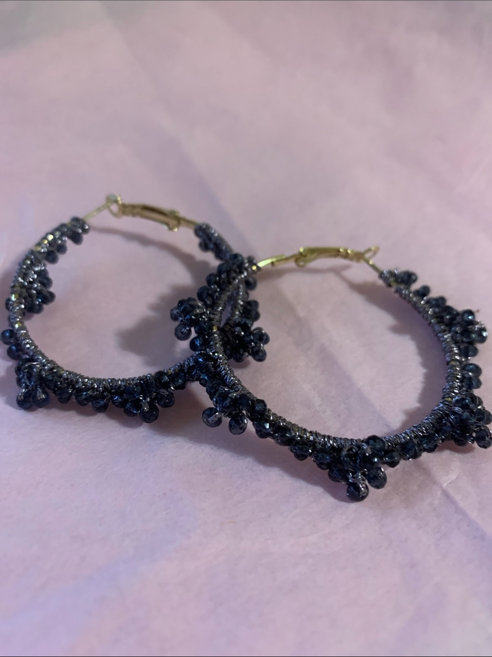 Navy Beaded Hoop Earrings with Textured Cluster Detail